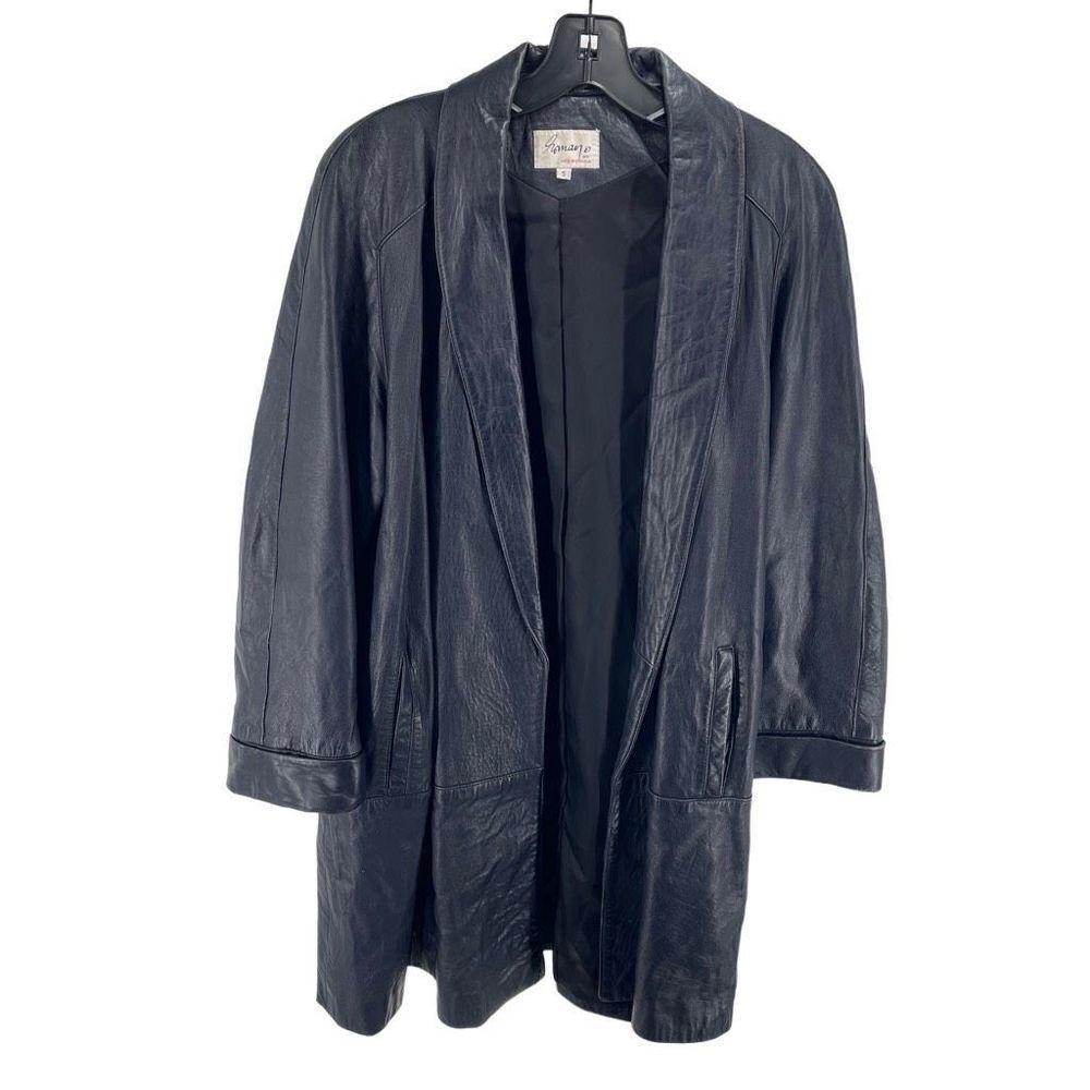 Romano Women’s Shawl Collar Open Front Leather Trench Coat Navy Blue Small